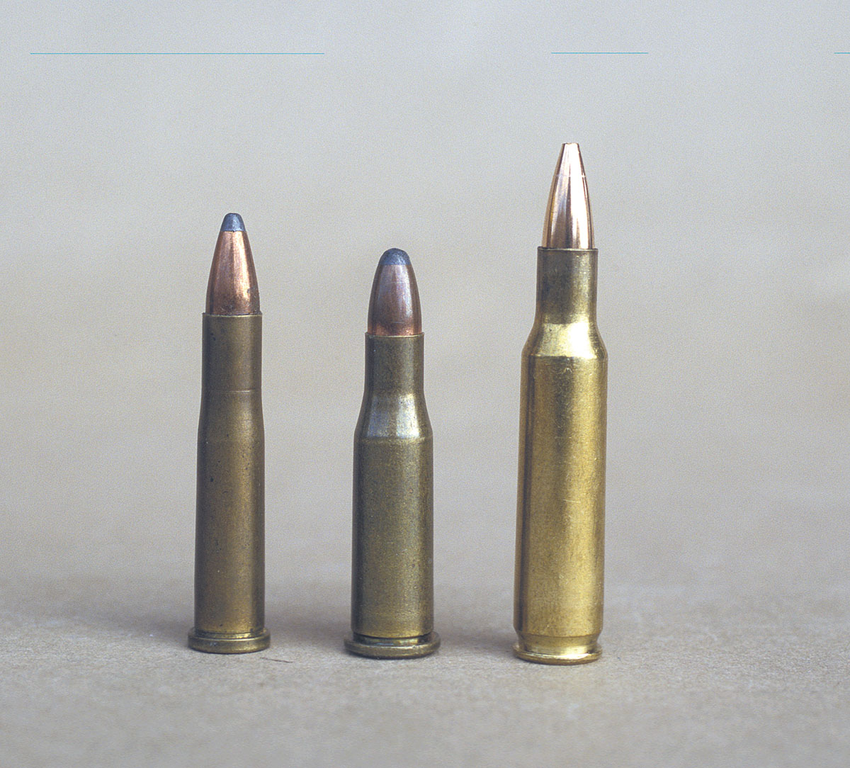 The .222 Remington (right) offered significantly  better performance than either the .22 Hornet (left)  or .218 Bee (center).